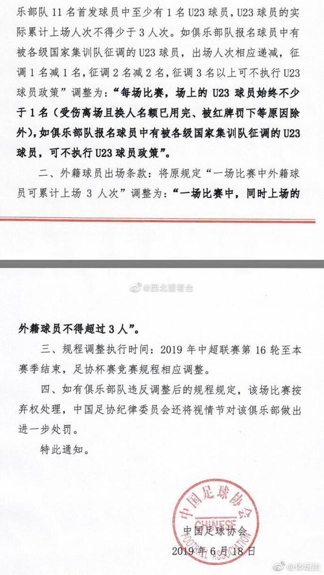 足协宣布新规启用：U23始终在场 外援在场不超3人